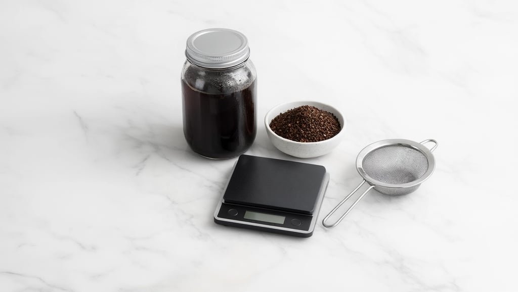 Ingredientes para preparar cold brew casero: tarro de cristal y café molido
