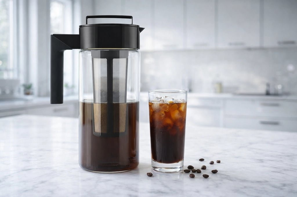 Jarra cold brew maker de cristal con filtro de malla en una cocina moderna