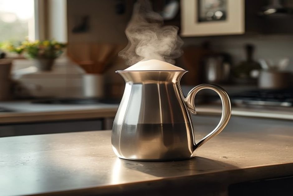 Jarra de acero con leche vaporizada sobre la encimera