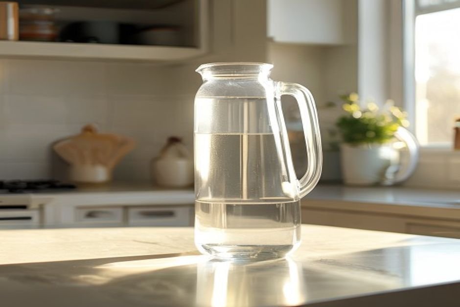 Jarra de agua limpia sobre la encimera de la cocina