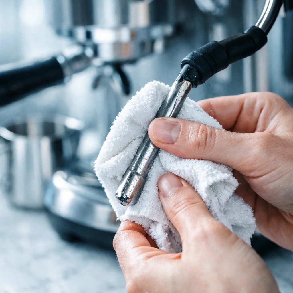 Limpieza diaria del vaporizador de la cafetera espresso con un paño húmedo