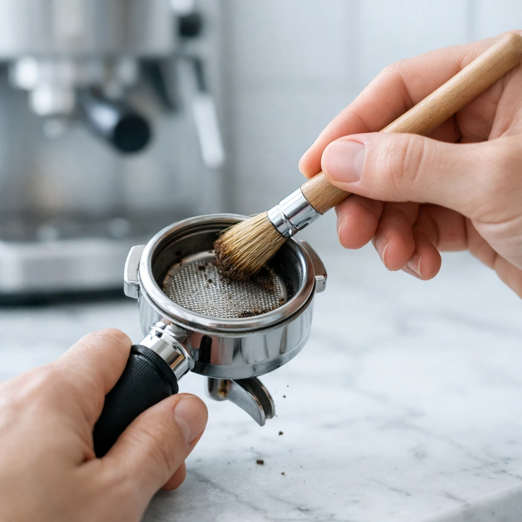 Limpieza del portafiltros de una cafetera espresso con cepillo
