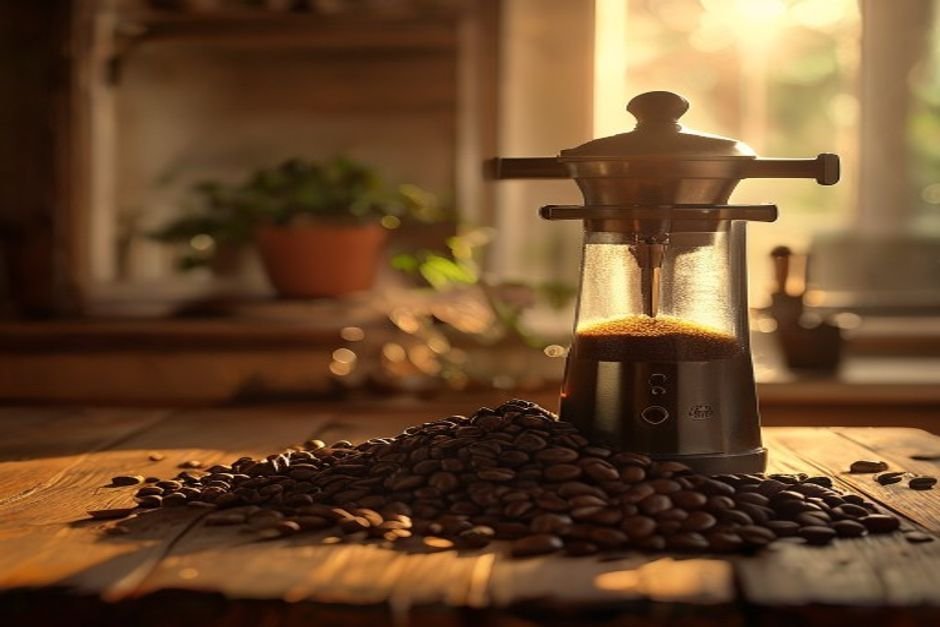 Molinillo de café junto a granos tostados sobre una mesa de madera con luz de mañana