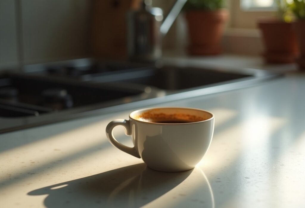 Taza de espresso llena con la crema ya hundida, señal de café templado