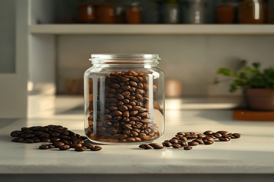 Bote de cristal hermético lleno de granos de café en una estantería de cocina