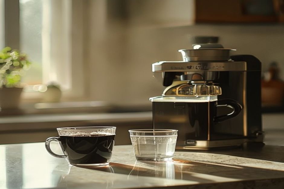 Vaso de agua junto a una taza de café y una cafetera sobre una encimera