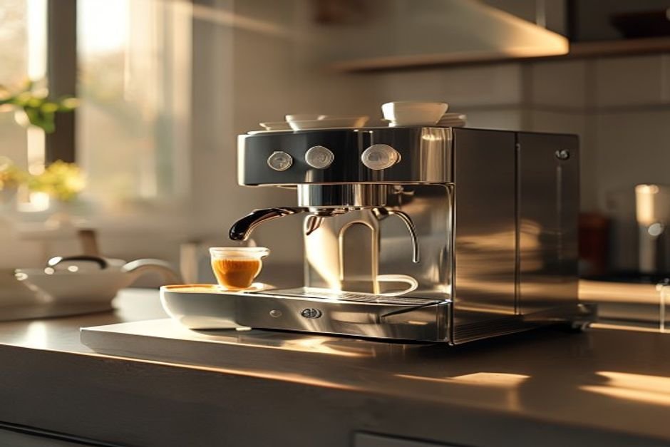 Cafetera espresso de acero inoxidable sobre una encimera con una taza de espresso