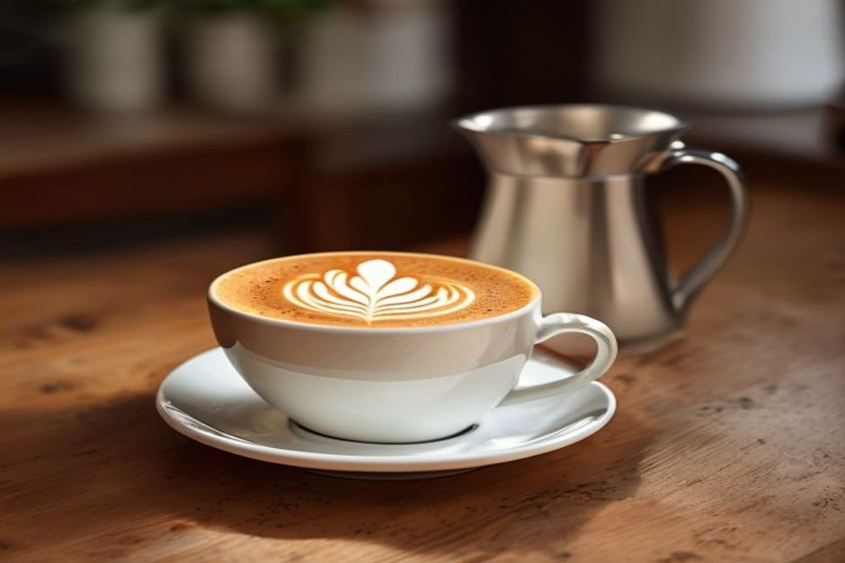 Capuchino con arte latte junto a una jarra de leche de acero sobre una encimera
