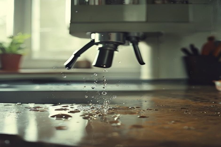 Charco de agua bajo una cafetera sobre la encimera con gotas alrededor