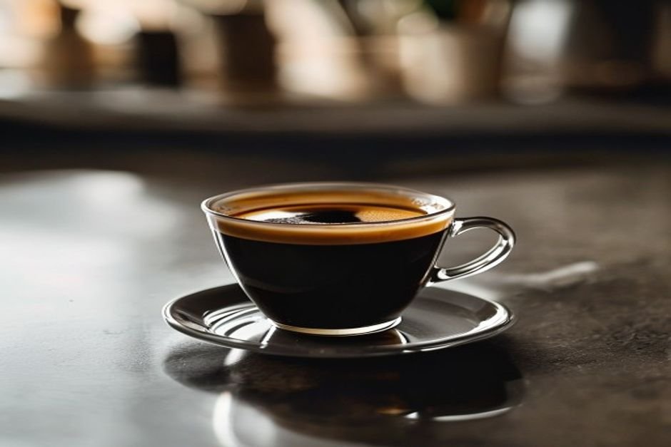 Taza de cristal con espresso y muy poca crema clara en la superficie