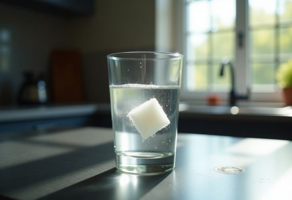 Pastilla quitagrasas disolviéndose en un vaso de agua con burbujas