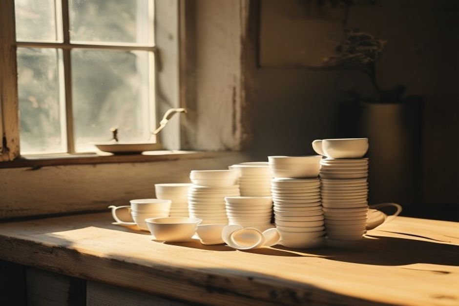 Pila de tazas de café blancas en la encimera con luz de la mañana