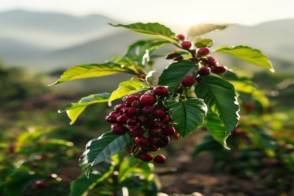 Planta de café arábica con cerezas rojas maduras en una finca de montaña
