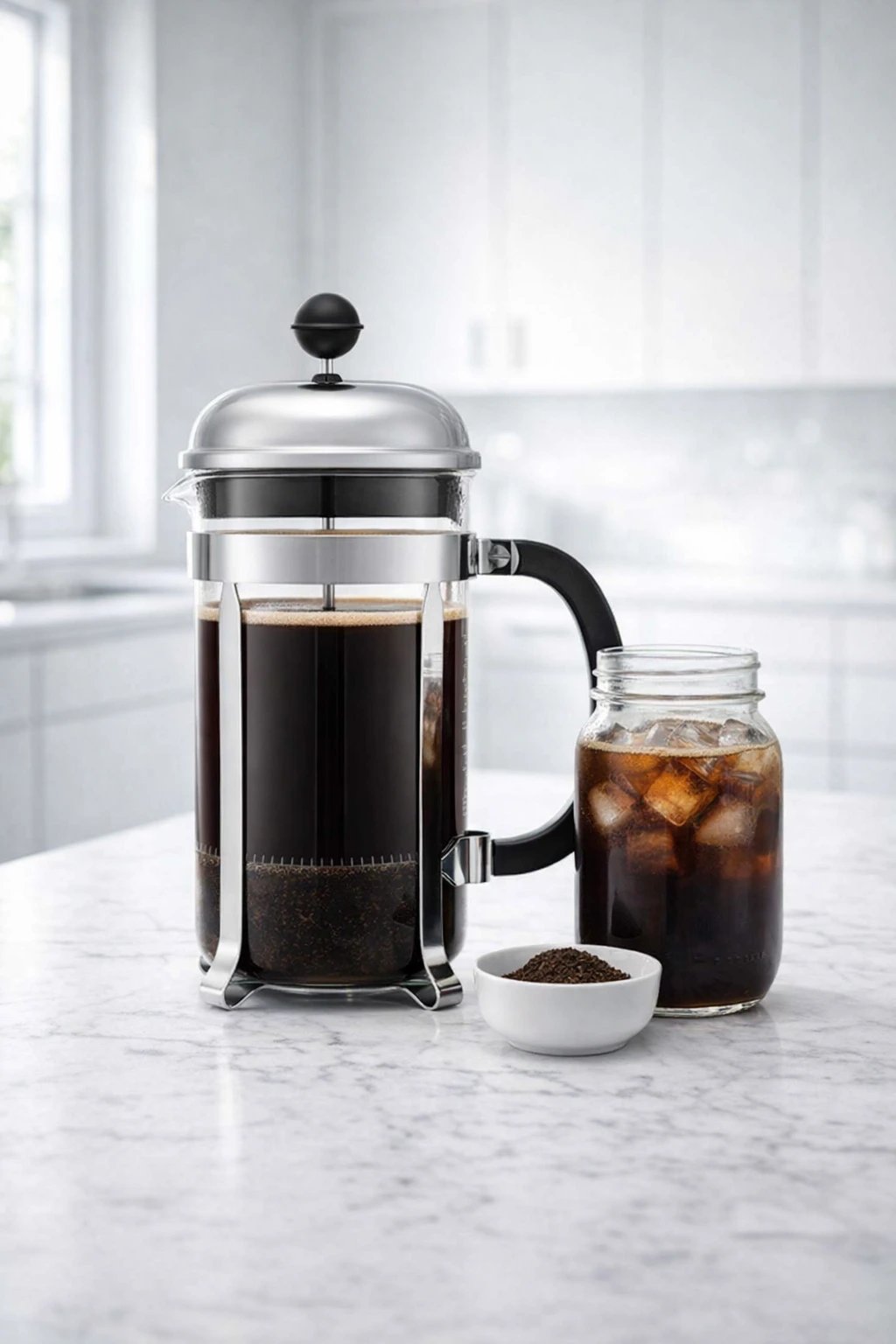 Prensa francesa de cristal y acero con cold brew reposando