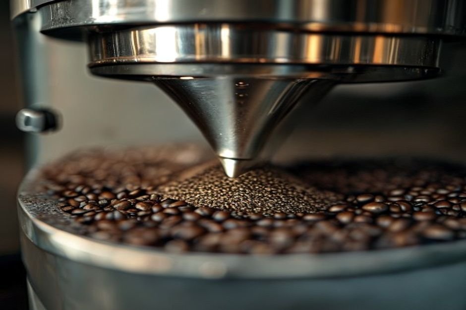Primer plano de las muelas cónicas de acero de un molinillo de café