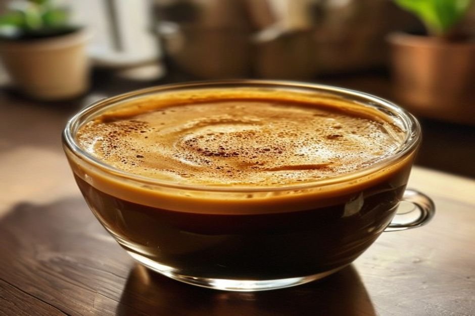 Primer plano de un espresso con una capa de crema dorada y densa