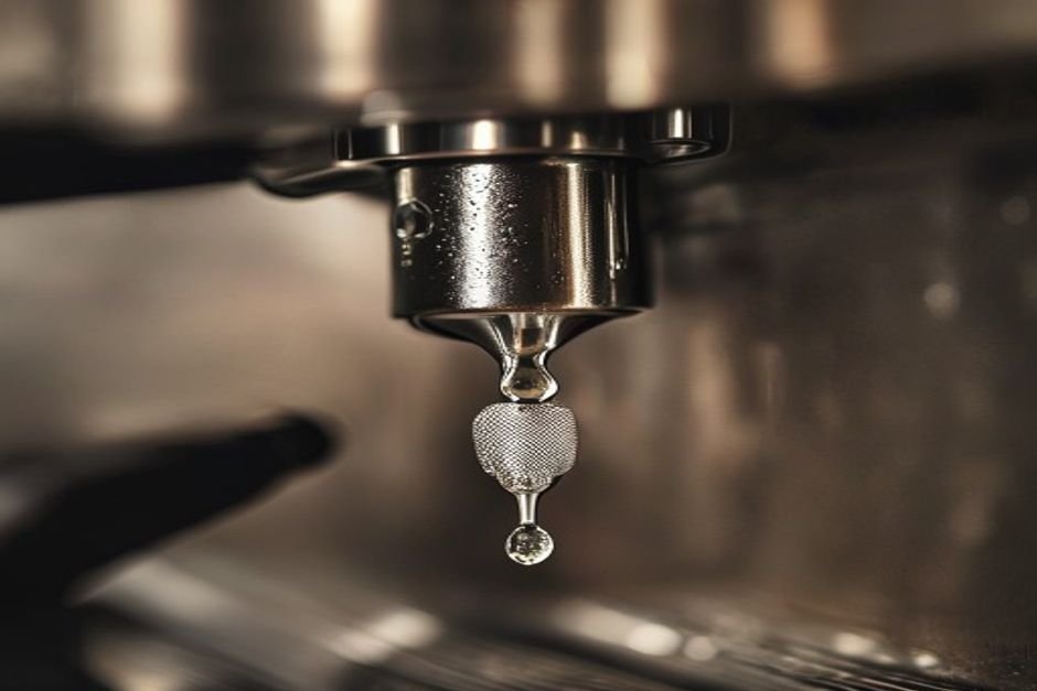Primer plano de una pieza metálica del grupo de una cafetera espresso con una gota de agua