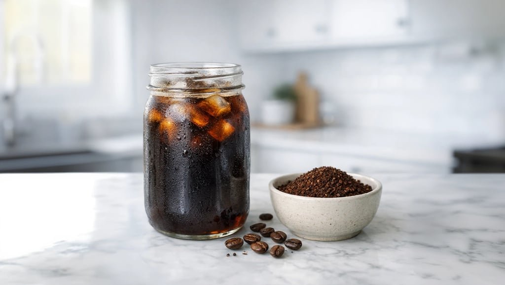 Tarro de cold brew casero con hielo y café molido sobre la encimera