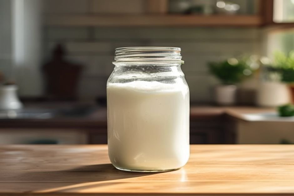 Tarro de cristal con leche espumada, método del frasco