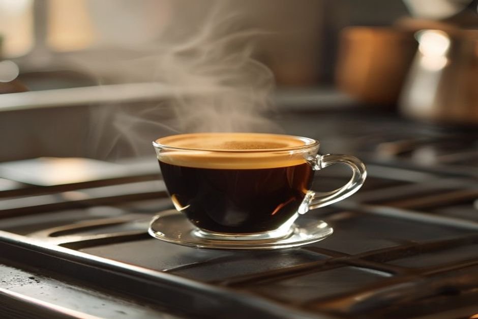 Taza de café recién hecho con crema sobre la rejilla del fogón