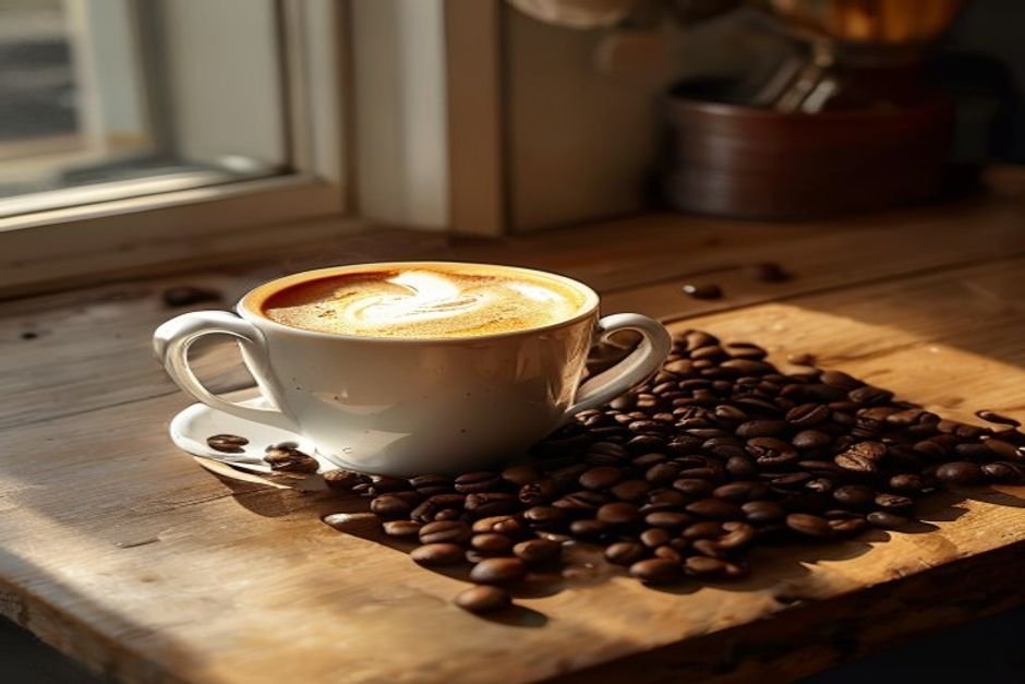 Taza de café recién hecho junto a granos de café tostado