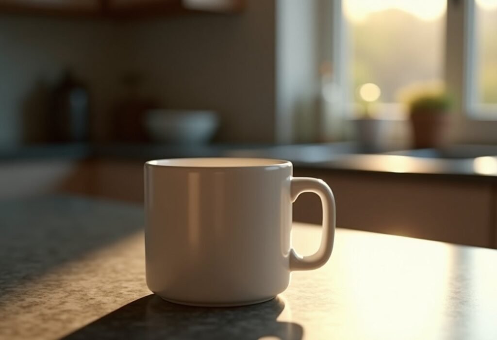 Taza de cerámica gruesa vacía y fría sobre la encimera antes de servir el café