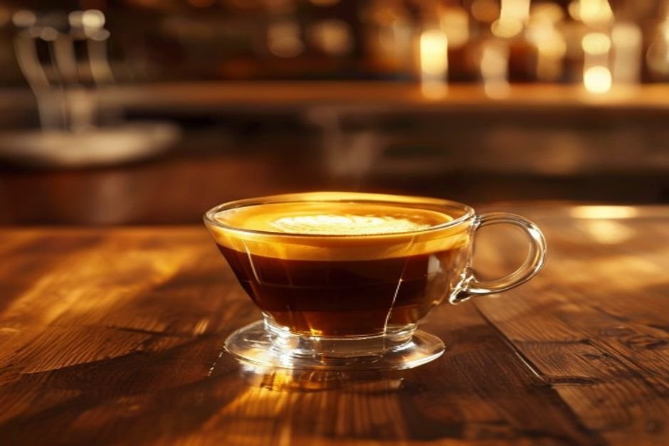 Taza de espresso con crema dorada y densa sobre una barra de madera