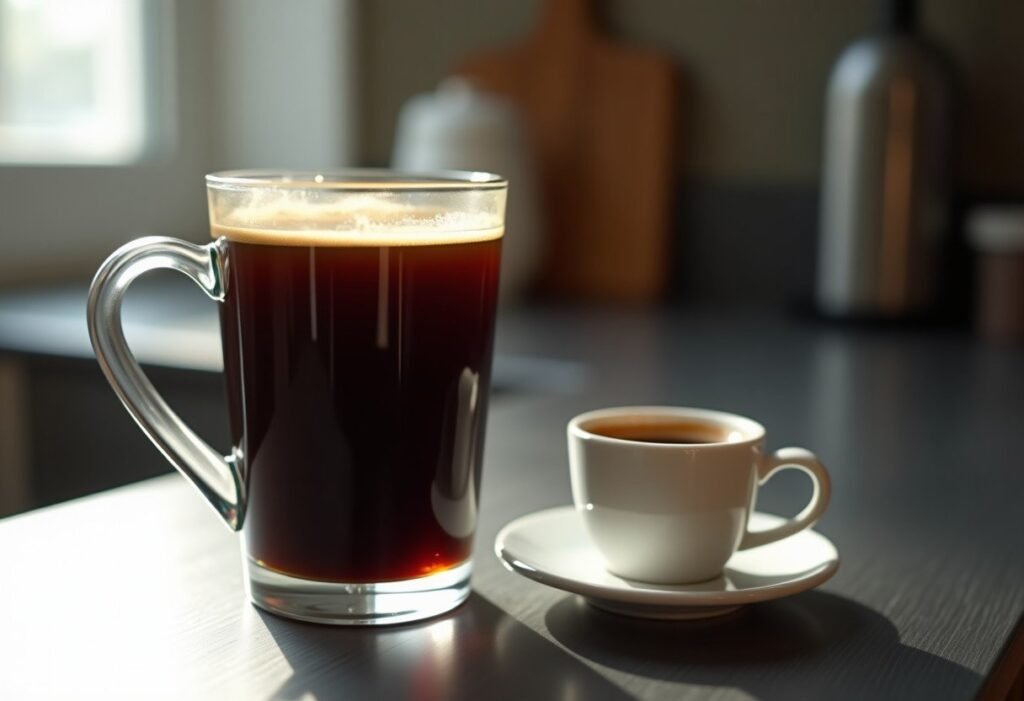 Taza grande llena de café junto a una taza de espresso, comparación de tamaños