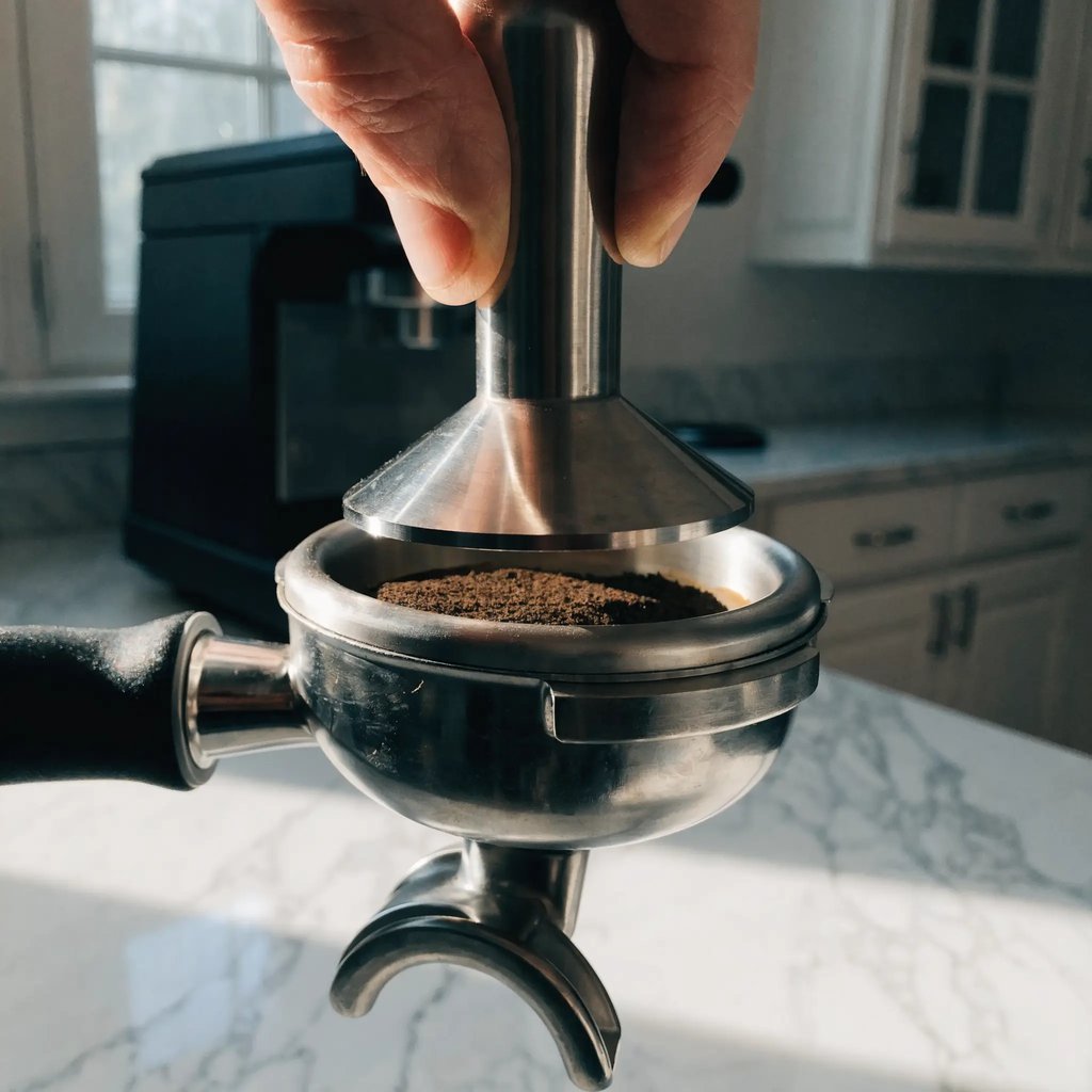 Prensado del café molido en el cestillo del portafiltros con un tamper
