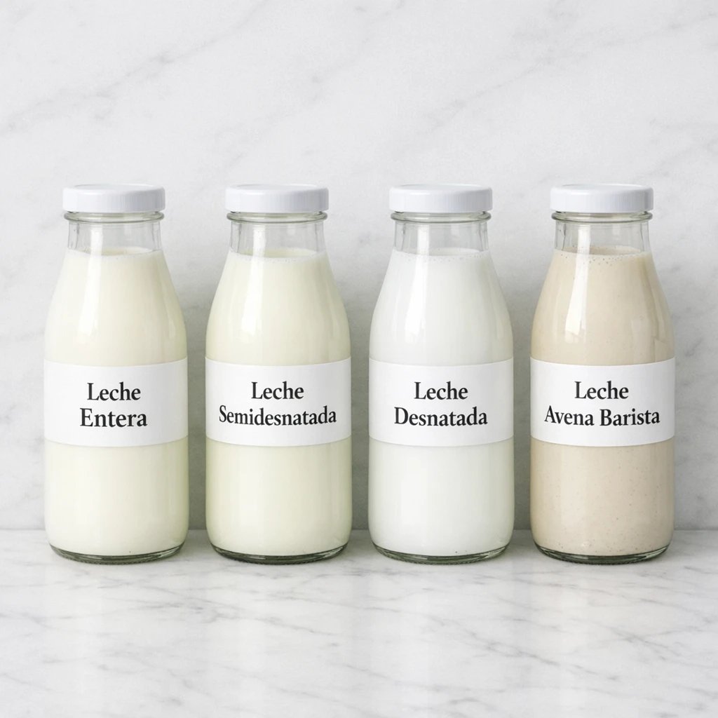 Tipos de leche para espumar: entera, semidesnatada, desnatada y de avena