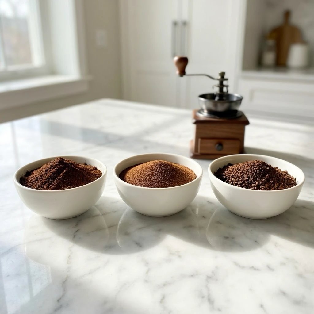 Tres cuencos con moliendas de distinto grosor para espresso