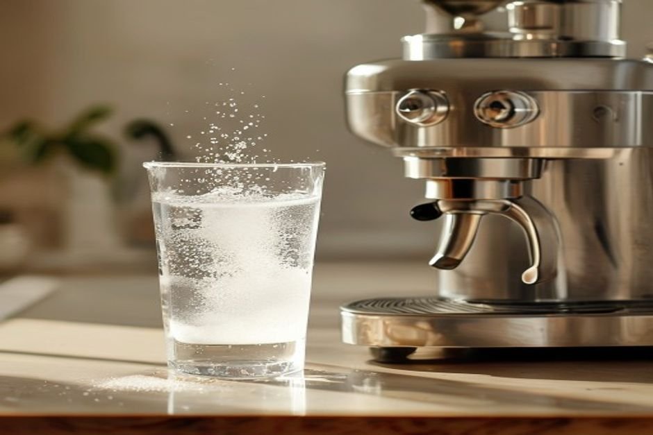 Vaso de agua con descalcificador disolviéndose junto a una pieza con cal
