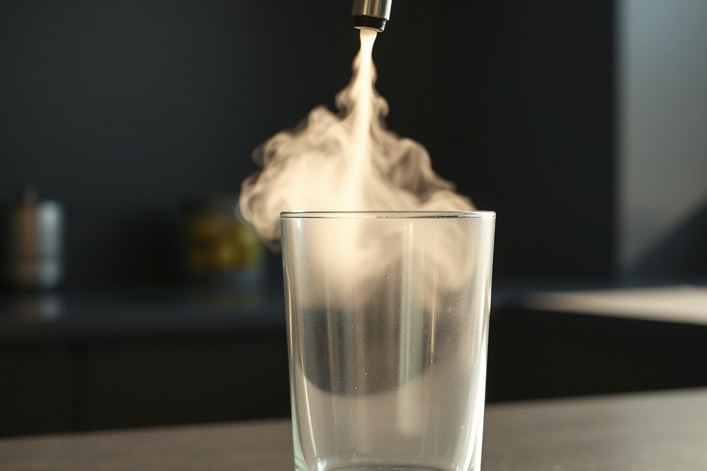 Lanceta de vapor soltando un chorro de vapor sobre un vaso vacío para purgarla antes de espumar