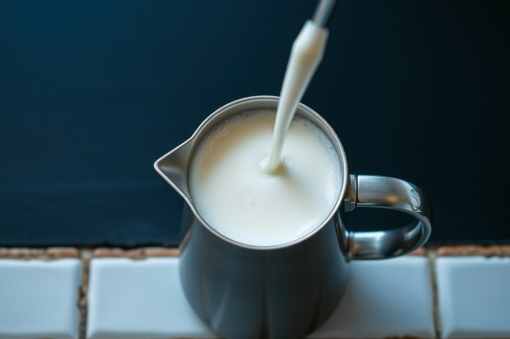 Jarra metálica de leche con la microespuma ya texturizada y la lanceta de vapor dentro