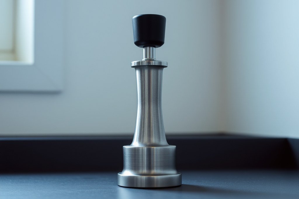 Tamper de acero inoxidable con base plana y mango negro