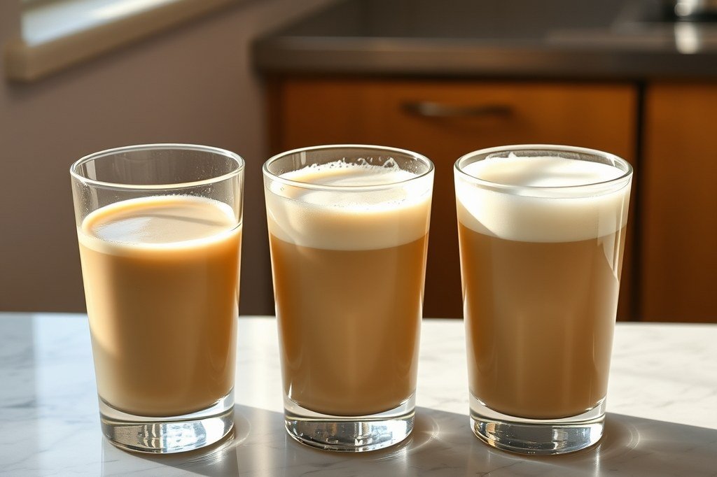 Tres vasos comparados: sin espuma, con una capa fina y con la capa densa que se consigue con el pannarello