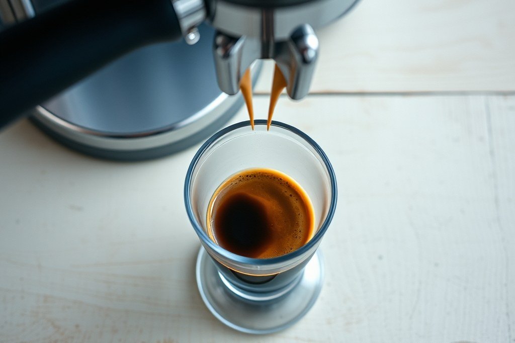 Espresso cayendo del grupo a un vaso con crema densa, señal de una extracción a la presión correcta