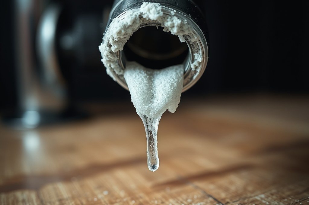 Boquilla de la cafetera con una costra de cal blanca alrededor de la salida