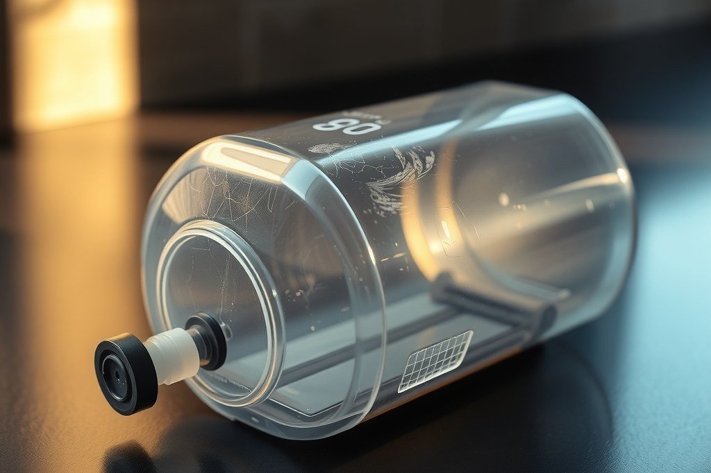 Depósito de agua transparente de cafetera tumbado, con la válvula de goma del fondo y restos de cal blanca en el plástico