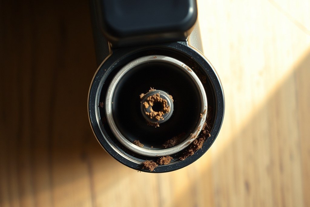 Cabezal de una cafetera de cápsulas con restos de café secos alrededor del inyector