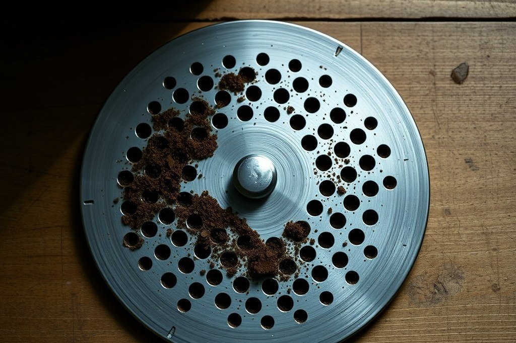 Ducha del grupo de una cafetera con la mitad de los agujeros atascados de café seco y la otra mitad limpios
