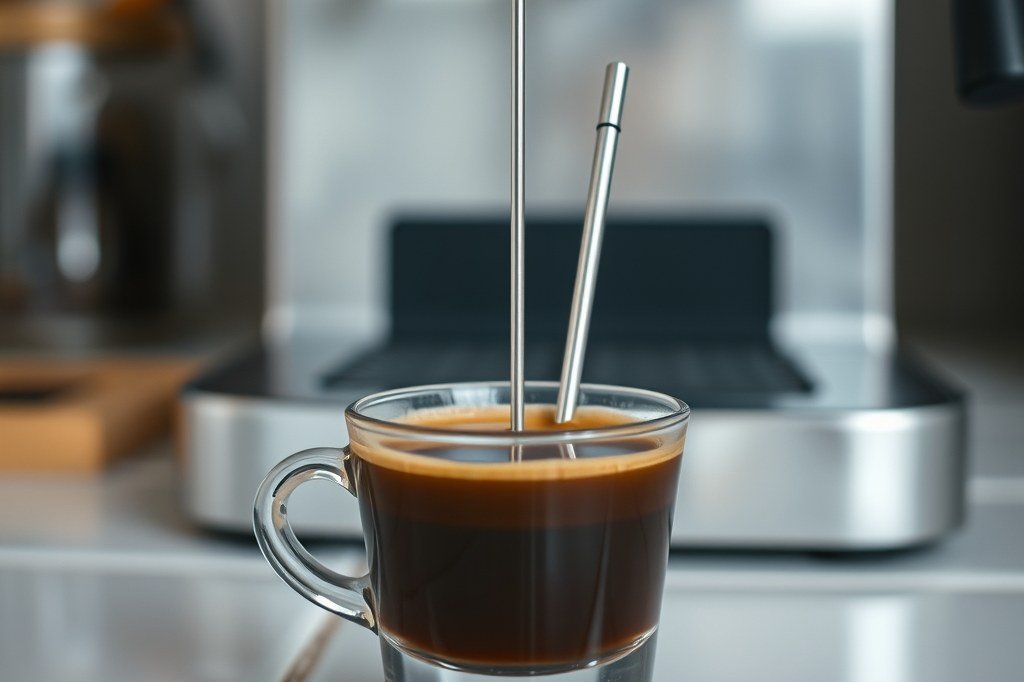 Sonda de termómetro sumergida en un espresso recién servido para medir su temperatura