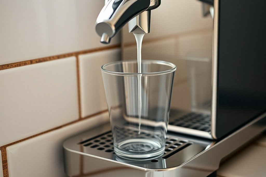 Agua caliente saliendo de la boquilla de una cafetera espresso a un vaso
