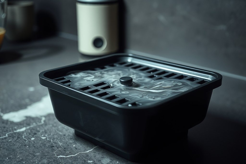 Bandeja de goteo de cafetera superautomática llena de agua con el flotador asomando por la rejilla