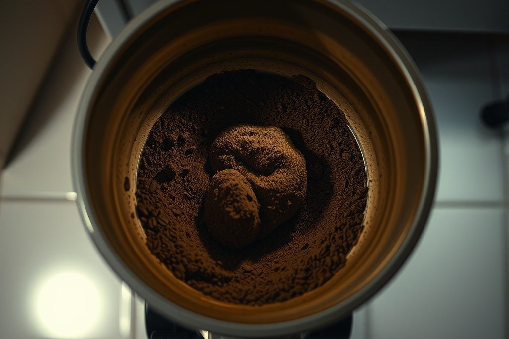 Boquilla de un molinillo desde arriba, llena de café molido muy fino y apelmazado