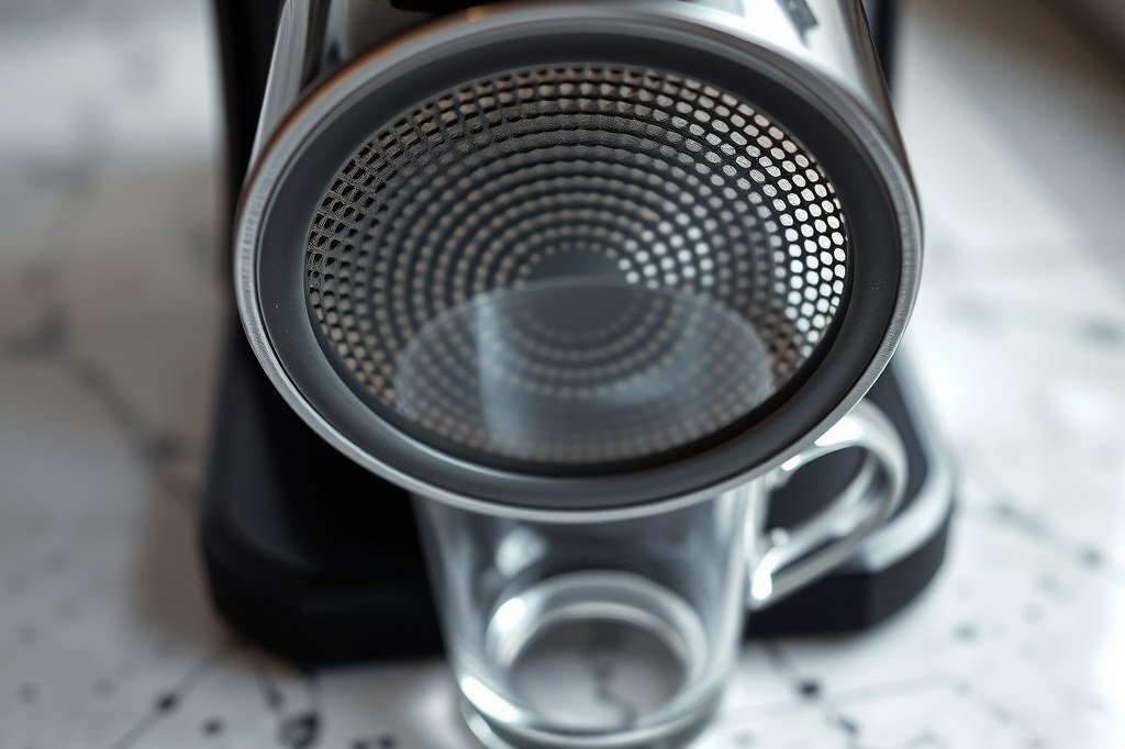 Cabezal de una cafetera espresso sin portafiltro, completamente seco, sobre una taza de cristal vacía: la cafetera Cecotec no saca agua