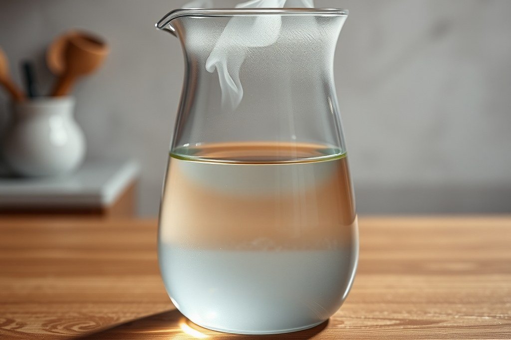 Jarra de cristal con agua limpia y caliente del ciclo de limpieza inicial de la cafetera, sin cafe