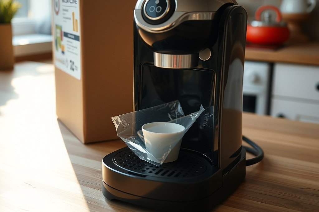 Cafetera de cápsulas nueva recién desembalada, con el plástico protector todavía puesto