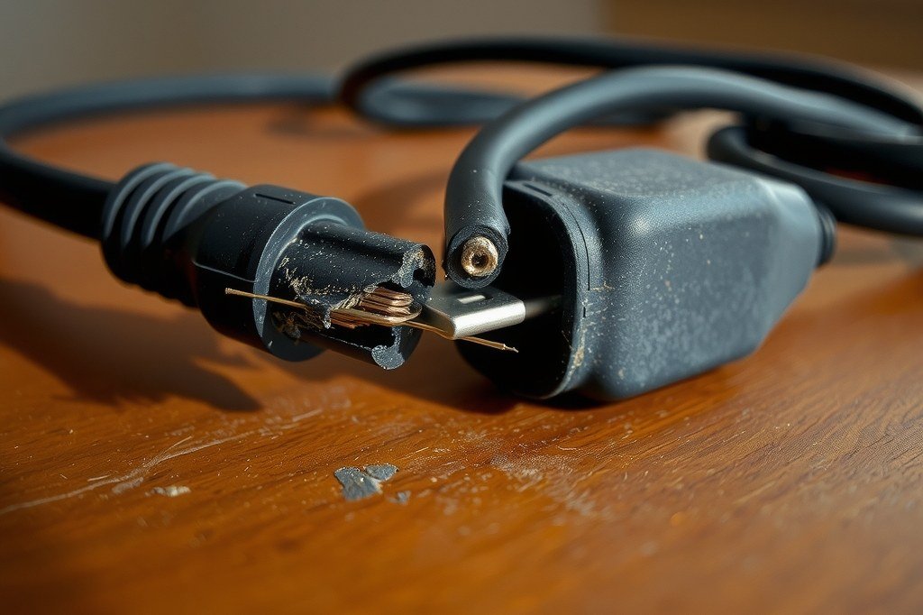 Cable de alimentacion de una cafetera pelado y abierto junto a la carcasa, con los hilos de cobre a la vista: una de las causas de que la cafetera no encienda