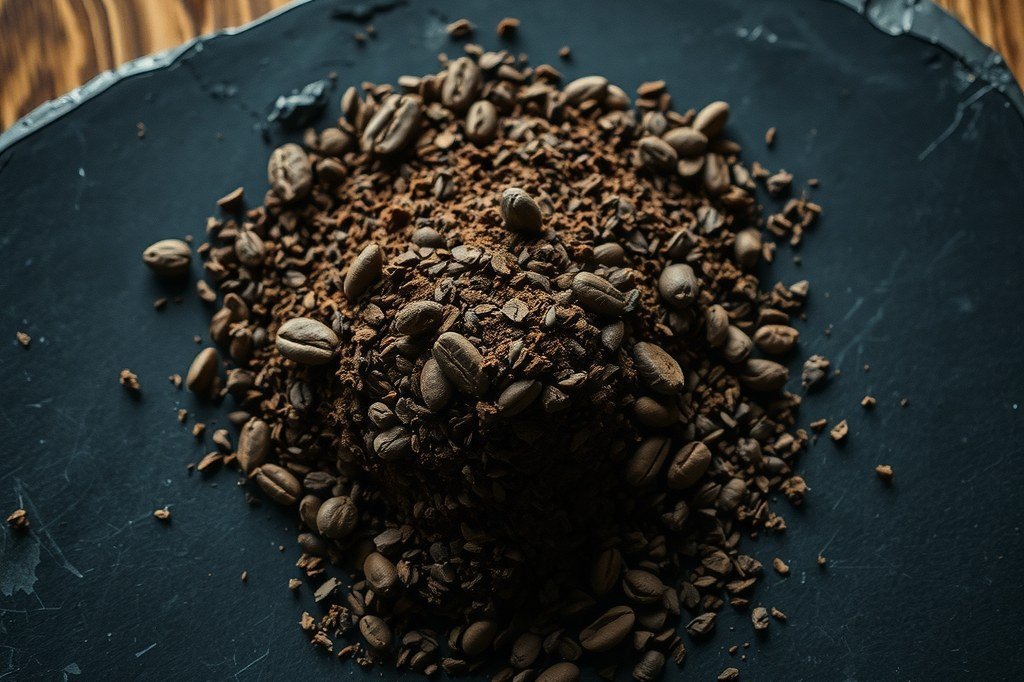 Montón de posos de café y granos enteros sobre una superficie oscura